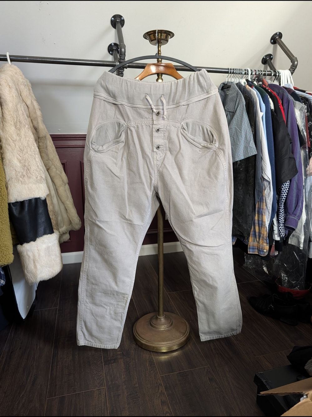Kapital Gray/Cream Canvas Workwear Sarouel Button Fly Knit Jeans Japan Size 4